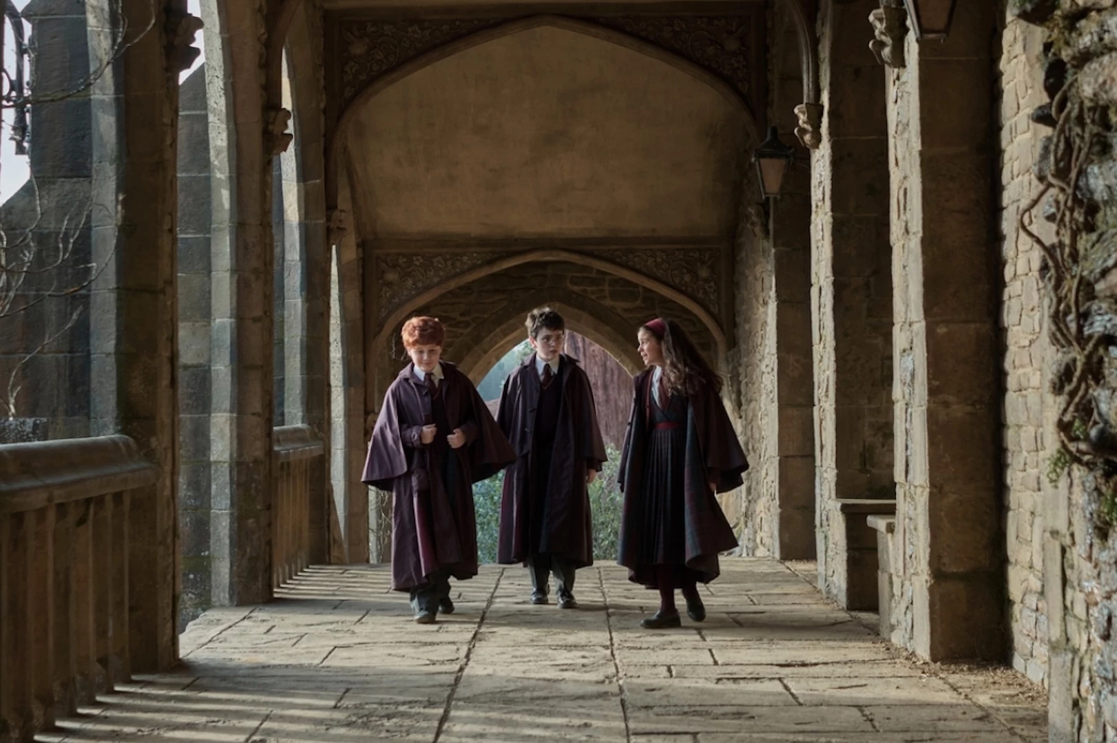 Alastair Stout as Ron, Dominic McLaughlin as Harry, and Arabella Stanton as Hermione
